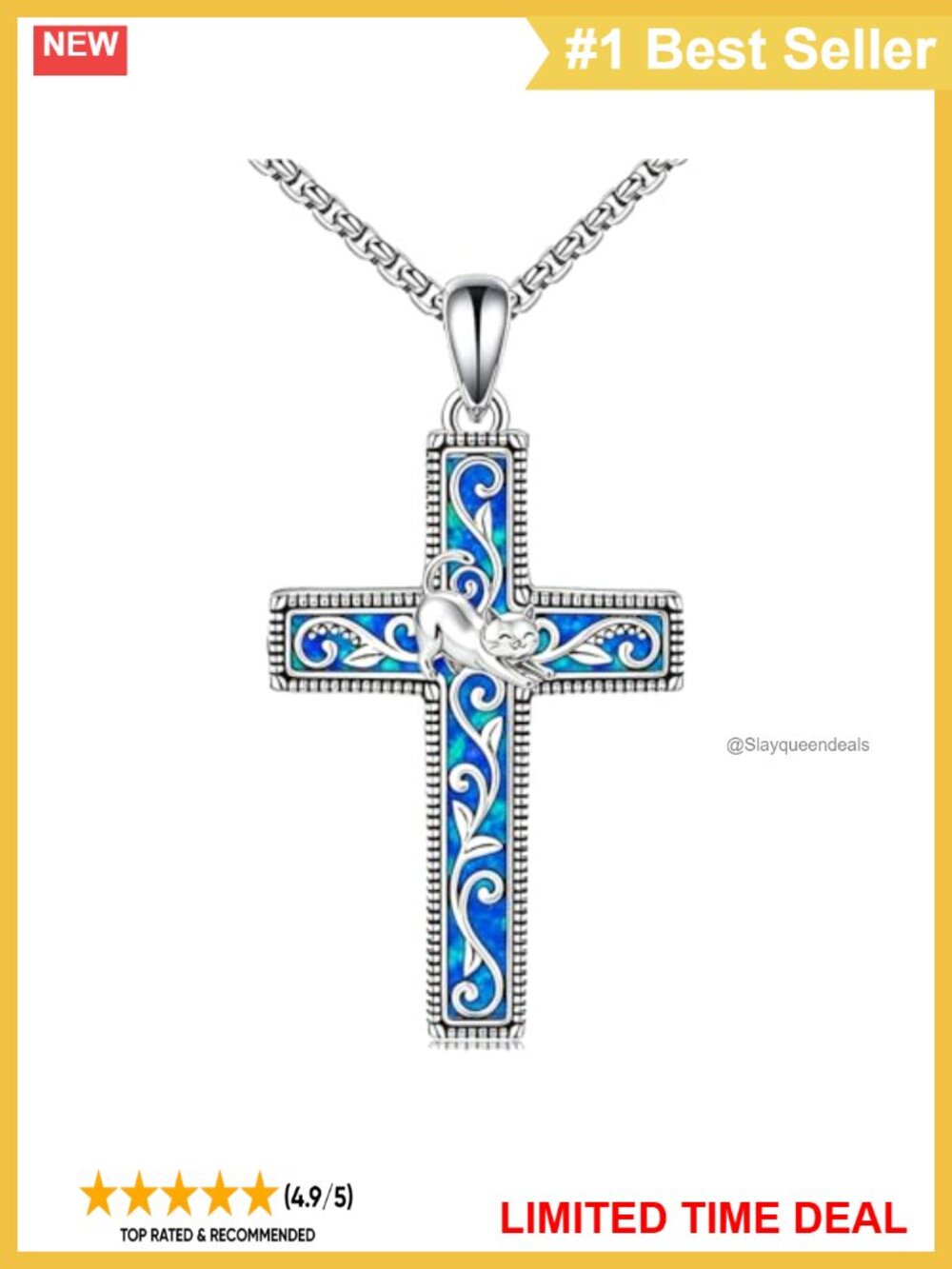 Sterling Silver Cat Cross Pendant Necklace with Stainless Steel Chain